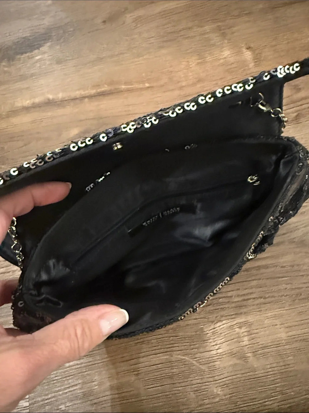 White House Black Market Black Sequin Clutch with silver chain strap - Picture 6 of 8